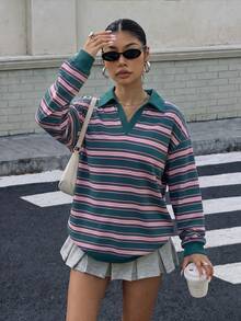 Muchica 女款 Polo 領長袖寬鬆運動衫，學院風綠色與紫色條紋，休閒極簡日常百搭，約會與外出穿搭，女款秋季服飾，秋季穿搭，女款通勤穿搭，百搭上衣，外出穿搭，機場穿搭 - 彩色 - 查看 6