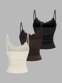 Sweetra Women's Solid Color Lace Trim Neckline Casual Everyday Versatile Camisole Top - Multicolor - View 2