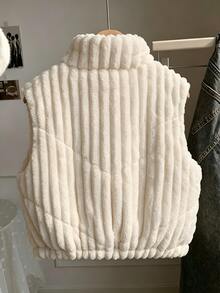 SHEIN 秋冬/青少年女孩短毛絨背心，垂直紋理毛絨布料，高立領前拉鍊，無袖背心，休閒寬鬆可愛白色 - 白色 - 查看 2
