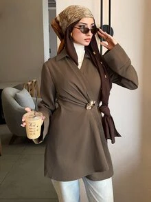 Solavon New Design V-Neck Waist-Cinching Shirt With Back Tie And Metal Buckle Decor, Elegant Daily Commute Versatile Blouse Top - Brown - View 1