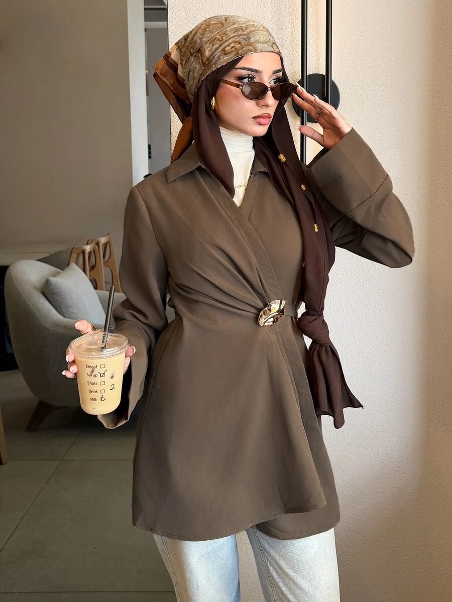 Solavon New Design V-Neck Waist-Cinching Shirt With Back Tie And Metal Buckle Decor, Elegant Daily Commute Versatile Blouse Top - Brown - View 1