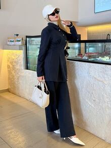 Solavon New Design Asymmetrical Lace-Up Waist-Cinching Slimming Long Top And Wide Leg Pants Set - Navy Blue - View 7