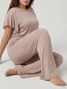 Dazy Plus 2pcs Solid Color Casual Long Pants Homewear Pink Pajama Set - Pink - View 4