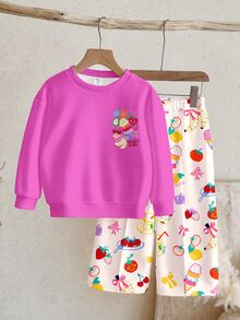 Young Girl Cute Nordic Style Dopamine Fun Fruit & Floral Pattern, Casual Loose Drop Shoulder Long Sleeve Sweatshirt & Pleated Wide Leg Sweatpants Set With Fleece Lining - Multicolor - View 8