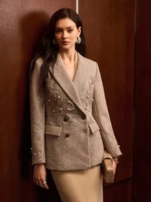 MOTF PREMIUM WOMEN'S AUTUMN/WINTER WOOL BLEND DOUBLE-BREASTED BLAZER WITH JEWELED EMBROIDERY DECORATION - Khaki - View 5