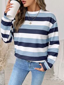 SHEIN LUNE 女款衛衣，秋季服飾，休閒極簡復古優雅通勤百搭保暖印花圖案藍白條紋，秋季穿搭，女款通勤穿搭，百搭上衣，外出穿搭，機場穿搭 - 白色 - 查看 4