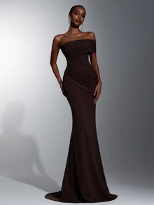 Elitara Women's Romantic Elegant Deep Coffee One Shoulder Asymmetrical Pleated Decor Fitted Bodycon Mermaid Hemline With Train Evening Gown (Free Halter Neck Shawl Scarf) Heavy Work Design Suitable For Wedding Party Celebration Formal Events - Coffee Brown - View 6