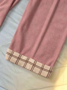 Franclia Celana Korduroi Ukuran Besar Musim Gugur/Dingin dengan Saku, Sabuk, dan Desain Patchwork - Berwarna merah muda - View 4