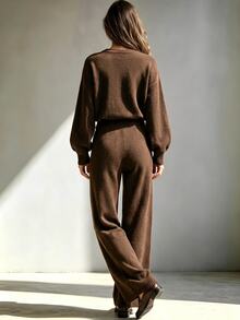 LUMIGAL Women's Solid Color Drop Shoulder Round Neck Knit Top And Drawstring Long Pants 2 Pieces Set - Brown - View 2