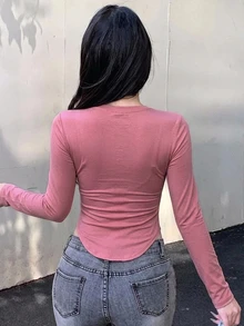DAZY 女款粉色純色圓領長袖基礎層T恤，休閒街頭風戶外運動婚禮上衣，適合秋冬夏季 - 粉色 - 查看 2