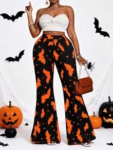 Whyspr Plus Size Women Halloween Element All Over Print Slim Fit Pants - Black - View 5