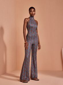 JIAN LASALA All-Over Print Halter Neck Tie Sleeveless Flared Leg Women Summer Jumpsuits Boho Casual - Multicolor - View 5