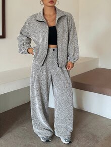 Dazy Plus Plus Size Casual Street Textured Colorblock Zip-Up Jacket & Button Long Pants Vacation Two Pieces Set - Light Grey - View 1