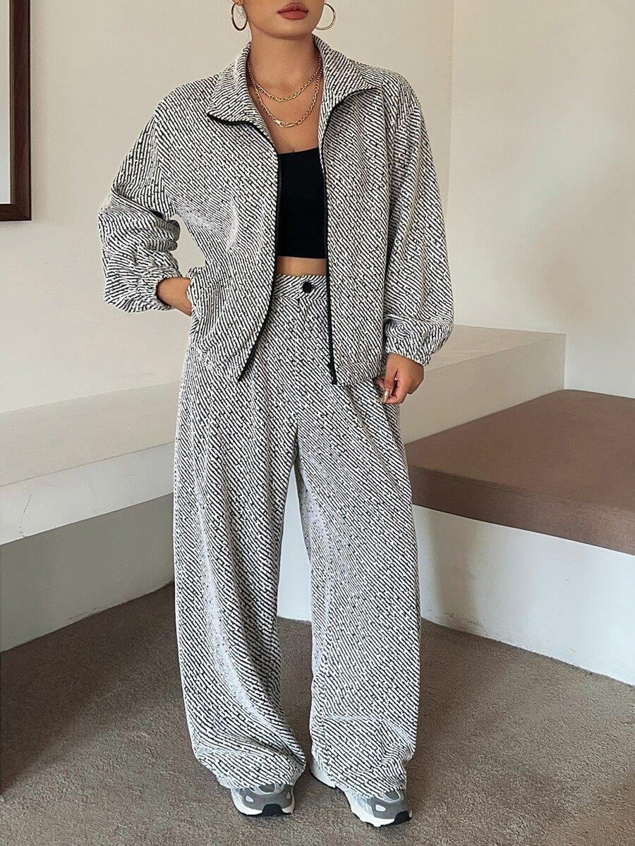 Dazy Plus Plus Size Casual Street Textured Colorblock Zip-Up Jacket & Button Long Pants Vacation Two Pieces Set - Light Grey - View 1