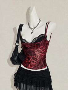 SHEIN ICON 女款豹紋透視細肩帶背心與黑色蕾絲細肩帶內衣兩件套 - 紅色和黑色 - 查看 4