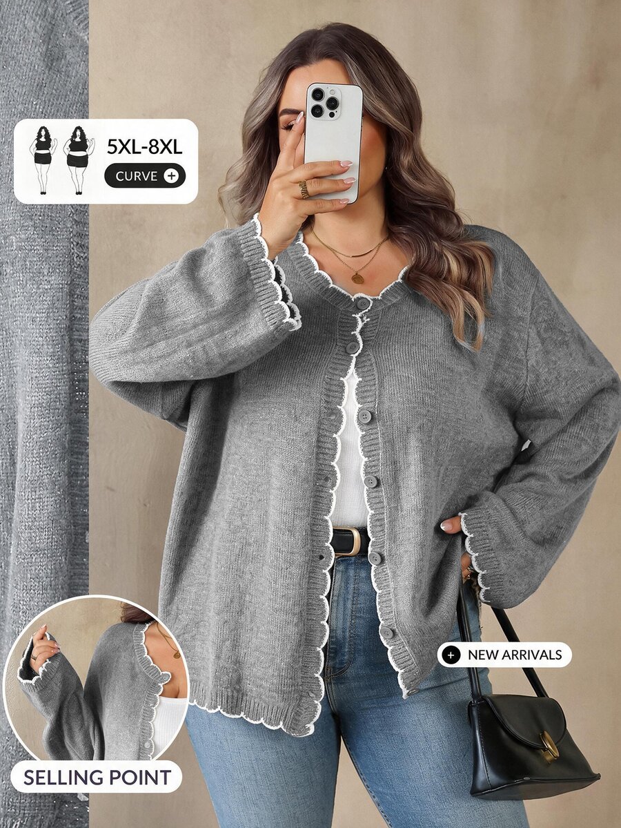SHEIN CURVE+ 大尺碼女款拼色休閒百搭日常外出開襟衫 - 灰色 - 查看 1