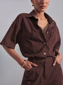 Hauture 女款短袖寬鬆長短牛仔連身褲，現代性感通勤上班穿搭 - 巧克力棕 - 查看 6