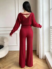 Celisse Autumn Atmosphere Burgundy Knit Jumpsuit With Criss-Cross V-Neck, Cinched Waist, Ribbed Flare Legs, Suitable For Holiday Parties, Dates, Commuting Outfits - Red - View 2