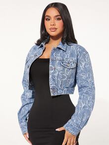 SHEIN SXY Women's All-Over Print Casual Versatile Daily Wear Denim Jacket - Light Wash - View 2