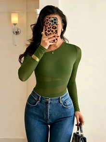 Rafferiza 優雅修身性感不對稱領口網紗拼接長袖黑色連身衣 秋冬女款連身衣 - 軍綠色 - 查看 4