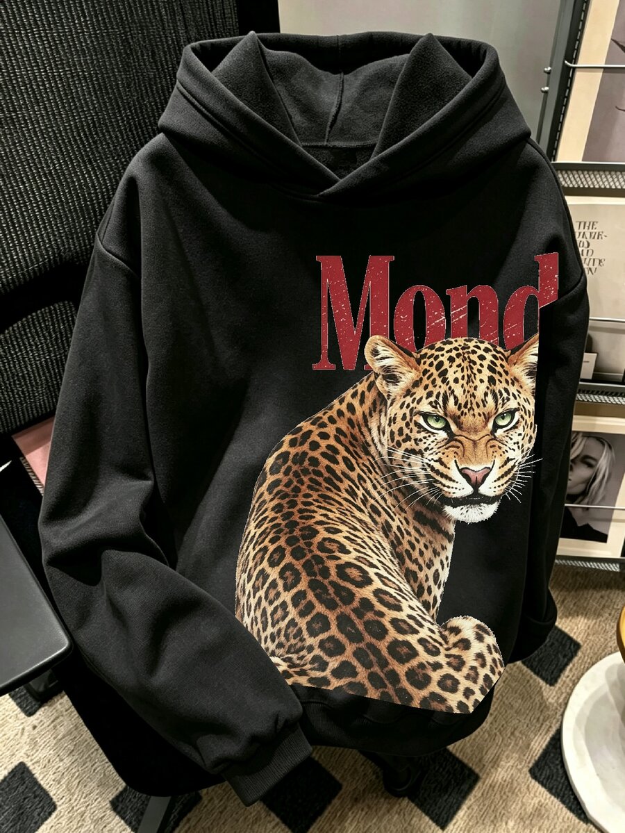 Resyla Leopard Print Coffee Brown Hooded Sweatshirt Men's Fashion Loose Hoodie - Black - View 1