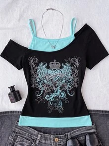 Teen Girls Casual Minimalist Y2K Black & White Polka Dot Print Ruched Tie Front Tube Top - Black - View 1