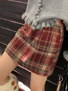 DAZY 女款酒紅色格紋聖誕高腰羊毛混紡A字短裙，復古百搭款 - 酒紅色 - 查看 5