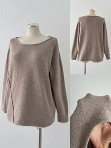 Sunspun Women Plus Size Casual Boat Neck Khaki Long Sleeve Drop Shoulder Pullover Sweater - Khaki - View 5