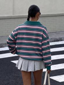 Muchica 女款 Polo 領長袖寬鬆運動衫，學院風綠色與紫色條紋，休閒極簡日常百搭，約會與外出穿搭，女款秋季服飾，秋季穿搭，女款通勤穿搭，百搭上衣，外出穿搭，機場穿搭 - 彩色 - 查看 2