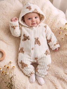 SHEIN 新生兒男嬰/女嬰可愛秋冬休閒白色毛茸茸卡通熊圖案連帽包屁衣居家服 - 彩色 - 查看 3