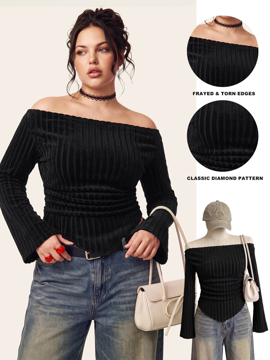 Comfortcana Atasan Elegan Lengan Panjang Tanpa Bahu untuk Wanita Ukuran Plus - Coklat - View 1