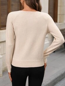 EMERY ROSE Fall New Chinese Style Round Neck Frog Decor Raglan Sleeve Solid Knit Pullover, Elegant Vintage Knit - Khaki - View 2