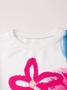 SHEIN Sparklyn 青少年女孩花卉數位印花衛衣與工裝褲兩件套，街頭風寬鬆套頭上衣搭配翻蓋口袋寬腿休閒運動套裝 - 彩色 - 查看 4
