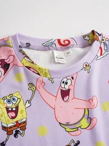 SpongeBob SquarePants | SHEIN Tween Girls Allover Print Cartoon Round Neck Short Sleeve & Shorts Loungewear Set - Purple - View 3