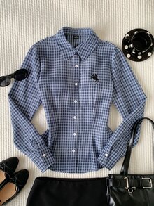 Comfortcana Women's Korean Style Embroidered Plaid Single Breasted Long Sleeve Shirt - Blue - View 5