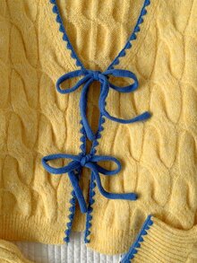 Comfortcana Fall Winter Coquette Style Cardigan For Date Night Featuring Blue Bows And Cable Knit In Yellow Cont - Yellow - View 6