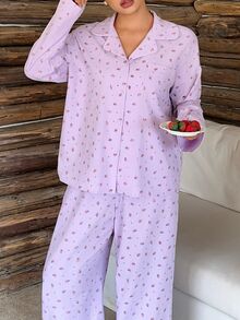 Dazy Plus Ditsy Floral Elegant Long Pants 2pcs Set Loungewear Spring Autumn New Pink Pajama Set - Pink - View 1