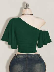 SHEIN ICON 女款素色不對稱肩休閒日常穿搭上衣 - 墨綠色 - 查看 2