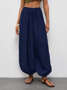 Maija Women's Solid Color Pleated Casual Boho Versatile Daily Lantern Long Pants Vacation Navy Blue - Navy Blue - View 8