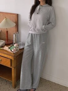 DAZY Women's Striped Long Sleeve Top And Pants Casual Daily Loungewear Set - Grey - View 9
