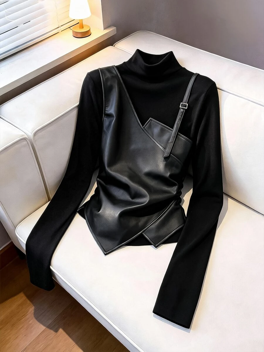 SHEIN 法式風 2 合 1 拼接背心上衣,復古時尚通勤優雅針織上衣,女款外套內搭上衣 - 黑色 - 查看 1