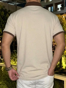 DAZY 夏季短袖米色拼接配色 Polo 領男士 T 恤 - 米色 - 查看 2