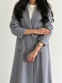 Yasveil Women Medium Grey Notched Lapel Double Breasted Fitted Waist Long Abaya Modest Muslim Dress Middle East Dubai Fall Office Elegant Robe - Grey - View 11