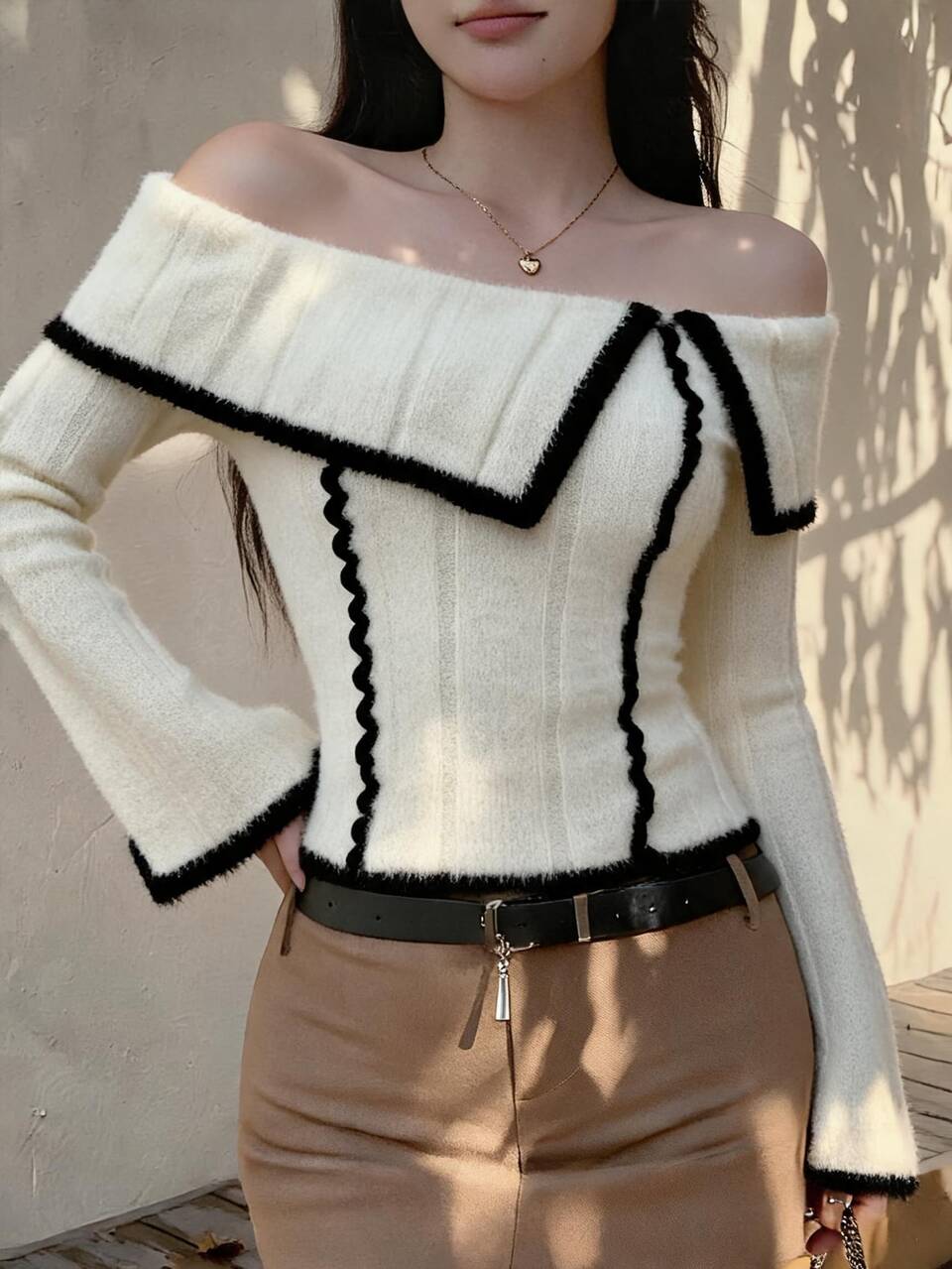 Contrast Color Patchwork Off-Shoulder Turn-Down Collar Slim Fit Sexy Flare Sleeve Knit Sweater For Women