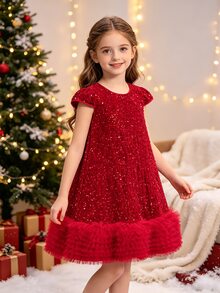 Tween Girls Red Knit Ribbed Turtleneck Loose Waist For Christmas Party Dress Winter Clothes - Red - View 1