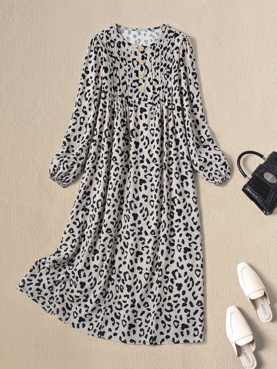 Rusticease Women's Loose Comfortable Pleated Button Half-Placket Leopard Print Midi Dress - Multicolor - View 1