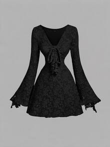SHEIN MOD 女款黑色蕾絲罩衫與黑色蕾絲細肩帶迷你裙性感甜美兩件套 - 黑色 - 查看 9