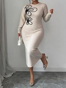 Modelyn Plus Size Round Neck Long Sleeve Floral Pattern Knit Dress - Khaki - View 6