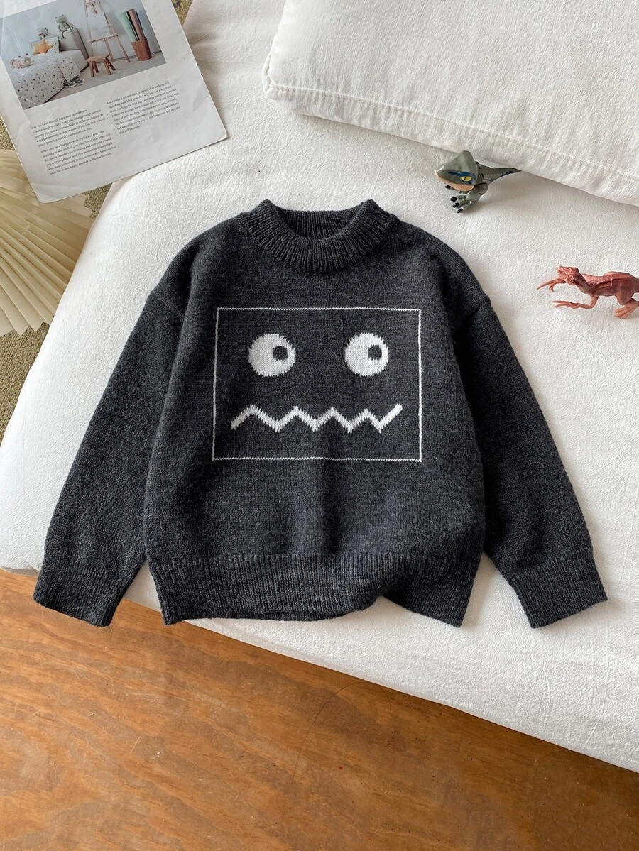 Boys' Sweater Children Autumn/Winter New Korean Style Fashion Versatile Cute Knit Base Layer Top Baby College Style Cartoon - Grey - View 1