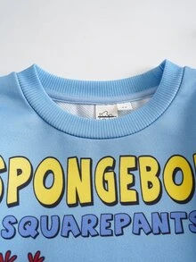 SpongeBob SquarePants | SHEIN Young Boy Cartoon Print Long Sleeve Crew Neck Sweatshirt - Blue - View 3